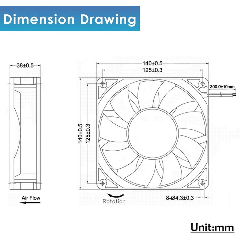 GDSTIME 140mm High Static Pressure Cooling Fan 2-Pin 140x140x38mm DC 12V Ball Bearing for Radiator Heatsink - Image 3